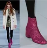 T-stage Mulheres Glitter Ankle Boots Saltos quadrados Sparkly Booties Outono Inverno Feminino Botas de Prata Vermelho Sapatos de Ouro Mulher