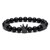 Black Skull Strands Mężczyźni Titanium Stal Bransoletka 8mm Naturalne Onyx Kamień Koraliki Urok Biżuteria Moda Prezent Walentynki Wakacje Boże Narodzenie