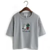 Camiseta para mujer al por mayor- [Magia] Bordado Gato Cactus Casual T Shirt para mujer Algodón Tops de estilo suelto corto Tee 4Color JA22 1