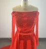 Red Beaded Mermaid Evening Dresses with Scoop Neckline Beading Long Sleeves Floor Length Prom Party Gowns