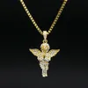 Men Hip hop Jewelry Long Rope Chain Iced Out Full Rhinestone Angel With Square Red 3 layers Pendant Necklace Set256k3102586