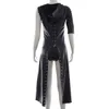 Vrouwen Faux Leren Hooded Lace-up Jurk Gothic Knight One Mouwjas Cloak Clubwear Halloween Fancy Dress