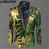 male gold green sequin jacket coat blazer costume prom wedding groom fashion outfit purple singer host stage performance clothes formal show