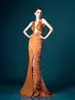 Charming Ochre Colored Prom Dresses Plunging Neckline Appliques Sleeveless Red Carpet Dress 2017 Sexy Pretty Woman Mermaid Evening Gowns