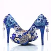 Gorgeous Rhinestone Wedding Shoes Blue Crystal Bride Dress Shoes Flower and Phoenix Platform Heels Cinderella Prom Pumps