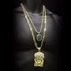 Hip Hop Golden Crowned Jesus Head Pendant Smycken Set Square Gem Crystal Double Pendants Halsband Set Cuban Chain265C
