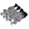 Ombre Body Wave Hårbuntar med stängning Brasiliansk Virgin Hair Dark Root # 1b Grå hårväft med stängning 4x4 4pcs / mycket