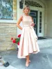 2017 Blush Rosa Lace Taffeta Mor av bruden Klänningar Billiga Jewel Pearls Sequins Bow Sash High Low Wedding Dress Plus Storlekar EN110912