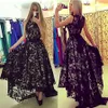 Jewel Hals Black Lace mouwen Hoog Laag Prom Dresses met Sash Avondjurk vestidos de Formatura longo