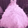 2019 Coral Quinceanera Jurken Floral Beaded Sweetheart Prinses Baljurk Zoete 17 Organza Geplooide Princess Prom Dress Avondjurken Bo6714