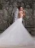 Tiulowa satynowa ramiączka spaghetti dekolt aplikacja koronkowa suknia ślubna syrenka suknie ślubne bez pleców