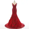Red Plus Size Long Formal Gowns for Women Prom Gowns Sexy Evening Dresses Mermaid Sheer Neck With Two Straps Lace Applique Party