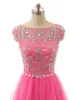 Luksusowy Prom Dresses Hot Różowy Sheer Bateau Neck Ograniczone Kryształy Ramię Koraliki Cekiny Zdobione Tulle Prom Dress Suknia wieczorowa