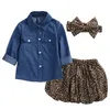 Baby Girls Clothes 3pcs Sets Children Cowboy Shirt Leopard print Skirt and Headdress Suits for Kids fit 1-5 Years