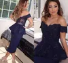 Sexy thee lengte marine blauwe cocktail jurken peplum kralen off shoulder prom jurken applique kant formele feestjurken avondkleding