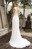 2019 Vintage Lace Wedding Dress with Short Sleeve Pure Ivory Lace O-Neck Sexy V-Back Court Train Long Bridal Gowns