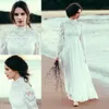 Abiti da sposa da spiaggia 2017 con maniche lunghe economici collo alto in pizzo con applicazioni in chiffon lunghezza caviglia abiti da sposa su misura Cina EN9186