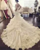 2017 Sexy Élégant Sirène Robe De Mariée Bretelles Spaghetti Dentelle-Applique Dos Nu Couvert Bouton Charmant Volants Chapelle Train Robes De Mariée