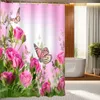 Cortina cor-de-rosa do chuveiro da borboleta das rosas personaliza a cortina impermeável do chuveiro 3d 100% poliéster impressão digital 180cm * 180cm