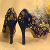 Nyaste Designer Fresh Blue Lace High Heels Paillette Folwer Rhinestone Party Prom Bankett Anniversary Skor Bröllop Bröllop Kvinnor Skor