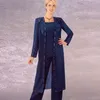 Dark Navy Trois Pièces Mère De La Mariée Pantalon Costumes Col Carré Manches Longues Robes D'invité De Mariage En Mousseline De Soie Plus La Taille Perlée Form2159