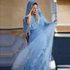 ライトスカイブルーイスラム教徒のイブニングドレスレースアップリケフード付きクロークサウジアラビア女性ウエディングドレススイープトレインフォーマルパーティーヴェスディド
