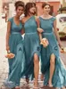 2020 New Bridesmaid Dresses Mixed Teal Jewel Neck Illusion For Weddings Lace Appliques Chiffon Split Side Long Plus Size Maid of Honor Gowns