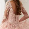 Baby Pink Quinceanera Abiti in pizzo a maniche lunghe con scollo a V Abiti da ballo applicati Sweet 16 Princess Pageant Dress For Girls281a