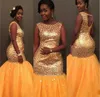 2K17 Crystals Beaded Prom Dresses Light Orange Plus Size Mermaid Evening Gowns Sheer Neck Open Back Tulle Cocktail Formal Party Dress