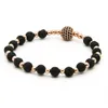 Partihandel Mens Armband 10st / Lot 6mm Lava Rock Stone Pärlor med 10mm Svart CZ Ball Sträcka Armband