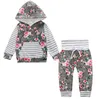 Ins Apring Automne Filles Florals Vêtements Ensembles À Manches Longues À Rayures Fleurs À Capuche Tops T-shirt + Pantalon 2pcs Enfants Enfants Fille Tenues 13210