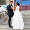 2017 아랍어 흰색 높은 낮은 웨딩 드레스 저렴 한 고삐 지퍼 뒤로 간단한 신부 가운 플러스 크기 사용자 지정 만든 중국 EN8056