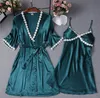 New Sexy Satin Kimono Women's Gorgeous Loungewear Robe 2pcs per set Solid Lace Up Sleepwear Nightwear Dress2735