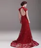 2021 Brautkleider Chinese Red Mermaid Cheongsam Kleid hohe Nackenkappe Klassische Vintage Spitze Rückenless Sweep Zug Braut G3834461