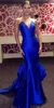 Eleganti abiti da sera blu royal con collo trasparente senza maniche in raso con sirena Abiti da ballo con paillettes 2017 Miss USA Pageant Party Dress