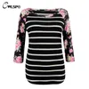 Senaste Tshirt Kvinnor Long Raglan Sleeve Stripe Floral Patchwork Maxi Storlek S-3XLT-tröja Kvinna Poleras de Mujer