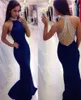 Sexy Open Back Blue Halter Neckline Prom Dresses Mermaid Backless Graduation Dress Formal Prom Gown Thick Satin