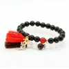 New Design Wholesale 8mm Black Onyx Stone & White Matte Beads Red Tassel Stretch Beads Yoga Om Couple Valentine Bracelet