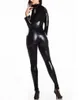 Plus storlek 3xl 4xl 5xl Wetlook Women Black Faux Leather Bodysuit Fetish Sexig dragkedja Catwoman Costumes Erotic Open Bust Catsuit3307