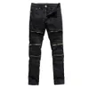 Wholesale- Men's fashion red white black holes ripped pleated biker jeans moto Casual slim stretch Knee zipper destroy denim pants trousers