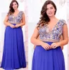 Atraente bordado plus size vestidos de noite com mangas com decote em v frisado chiffon vestidos de baile a linha até o chão longo vestido formal