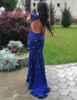 2017 Sexy Royal Blue Prom Klänningar Juvel Neck Full Lace Crystal Beaded Bling Mantel Open Back Long Afton Dress Party Pageant Formella klänningar