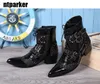 Western Cowboy Boots Män 6cm Pekad Toe High Top Dress Boots Man Fashion Buckle Lace Up Ankel Boot Black Short Boot Man, EU38-46!