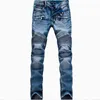 Wholesale- Men's Fashion high quality Ripped Biker Jeans Men Distressed Moto Denim Joggers Washed Pleated Jeans Pants Black Blue White