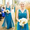 Long Blue Chiffon Country Bridesmaid платья 2021 V шеи Кружева невесты платье платье Plus Plus Size Med Horg Change платье для одежды