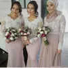 Vit Lace Naken Långärmad Muslim Stil Bridesmaid Klänningar Arabiska Kvinnor Formell Kappor Mermaid Plus Size Wedding Guest Party Dress