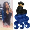 Elibess Två ton 1b / Blå Ombre 100g / st Brazilian Body Wave Human Virgin Hair 3 Bundles 100% Human Hair Black and Blue Ombre Extensions