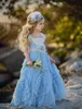 Vintage Light Blue Flower Girls Dress with Gathered Twirl Design Square Neck Lace Pageant Dress For Girls 2017 Lovely Baby Birthday Dresses