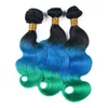 1B Blue Green Dark Root Ombre Brazilian Human Hair Bundles 3Pcs Body Wave Virgin Remy Human Three Tone Ombre Hair Weaves Extensions