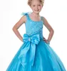 Lovely Turquoise Tulle Bow Straps Beads Flower Girl Dress Princess Pageant Dresses Girl Party Dresses Custom Made Size 2-14 HF419001